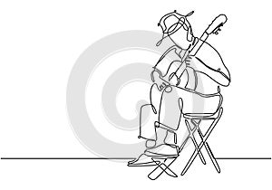 Continuous line music theme of person playing classical guitar acoustic instrument. Minimalism style of single hand drawn