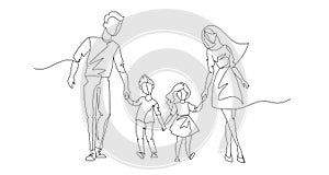 Continuous Line Parents Walking with Children. One Line Happy Family. Contour People Outdoor. Parenting Characters