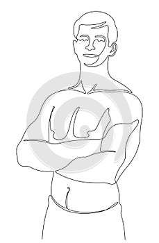 Continuous line portrait of handsome muscled man with crossed arms.