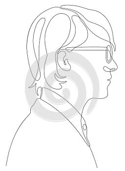 Continuous line profile drawing of young adult man with glasses and shirt.