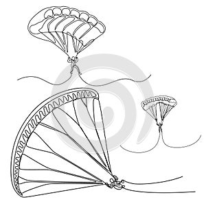 Continuous line set of Parachutist, skydivers, Vector parachut jumper