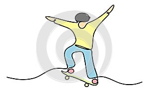 Continuous line of silhouette of skateboarder, doing jump isolated on white background. Colour sketch in line hand-drawn