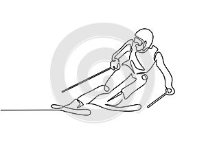 Continuous line ski racer drawings vector illustration. Man doing winter sport theme