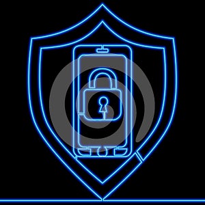 Continuous line smartphone data security neon