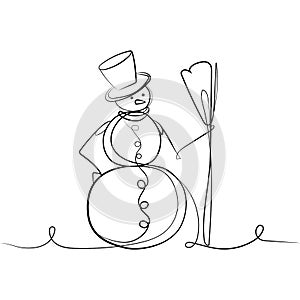 Continuous line snowman in hat and broom in hand Abstract line drawing vector illustration.Snowman stylized drawing