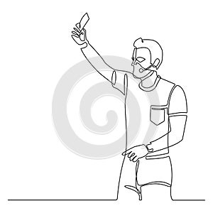 Continuous line soccer referee showing card vector