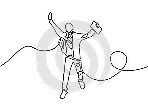 Continuous line student jumping for happy. Vector illustration.