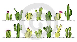 Continuous line succulent. One line collection of doodle interior decoration exotic plants in pots, exotic Mexican