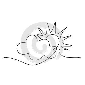 Continuous line sun cloud art. Single line sketch sunny summer. Icon cloudy sky . Vector illustration