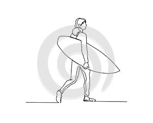 Continuous line of surfer holding surfoard. Surfer with longboard hand drawn minimalism style