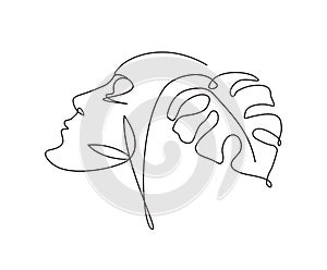 Continuous line of surreal faces , drawing of abstract faces and monstera leaf out line illustration
