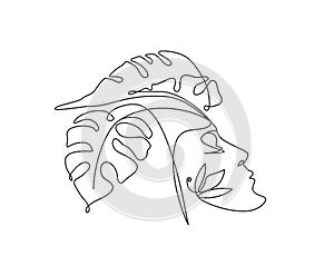 Continuous line of surreal faces , drawing of abstract faces and monstera leaf vector illustration