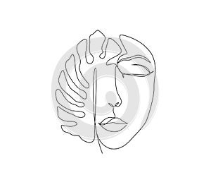 Continuous line of surreal faces , drawing of faces and monstera leaf. Women` faces in one line art style