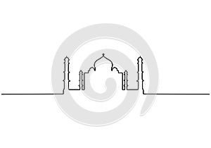 Continuous line of Taj Mahal in indi. One single line of Taj Mahal in india isolated on white background photo