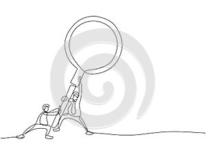 Continuous line of two businessmen bringing big magnifying glass. Single line of business concept. Businessman and magnifying