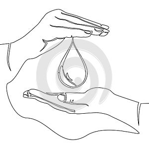 Continuous line water drop between hands concept