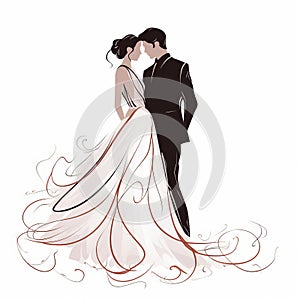 Continuous Line Wedding: Bride And Groom In Swirling Vortexes Vector