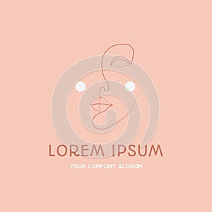 Continuous line woman face beauty fashion logo design concept template vector illustration