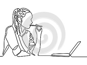 Continuous line woman thinking and bitting a pen. Woman education.