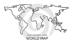 Continuous line world map illustration, one line earth contour