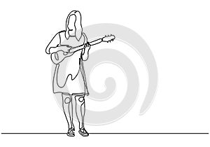 Continuous line young girl plays Ukulele music theme one hand drawing vector illustration. Cute and beauty woman standing on stage