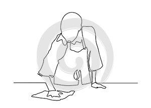 Continuous line young woman with a puffer and a rag in her hands. The concept of cleaning offices and houses. Scribble.A