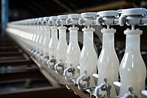 Continuous Milk bottle conveyor. Generate Ai