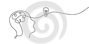 Continuous one drawn line of a man thinking with light bulb in front of his head. Allegory of solution and creative search.