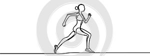 Continuous one drawn line silhouette of running athlete girl runner.