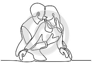 Continuous one drawn single line of romantic kiss of two lovers. Minimalism vector illustration cute couple in love