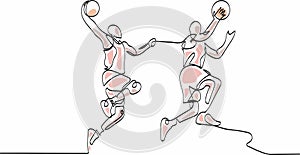 Continuous One Line Art Vector Basketball layup slam dunk