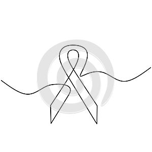 Continuous one line of badge ribbon. Support and prevent HIV Aids isolated on white background. World HIV Aids day 1 December.