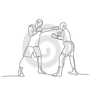 Continuous one line boxing sparring. Boxer strikes straight. Vector illustration.