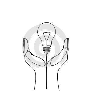 Continuous one line bulb in hands of man - eco idea