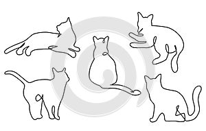 Continuous one line cats.Feline in different poses.Animals sit, lay,relax.Abstract doodle shapes.