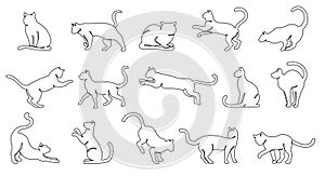 Continuous one line cats. Minimalist feline outlines, various cat poses and kitten activities hand drawn vector