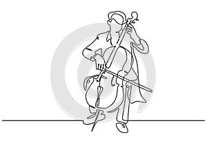 Continuous one line cello music instrument. Person playing classical music instrument. Performance of man with orchestra theme on