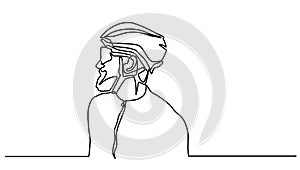 Continuous one line cyclist in helmet. Minimalist design drawing of sportsman doing sport competition