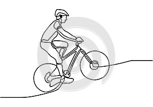 Continuous one line cyclist performs a trick on bicycle. Young bicycle rider down the hill at full speed. Professional cyclist.