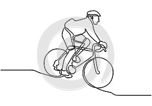 Continuous one line cyclist performs a trick on bicycle. Young bicycle rider down the hill at full speed. Professional cyclist.