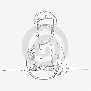 Continuous one line design of kid kneading dough. Cute cooking art character