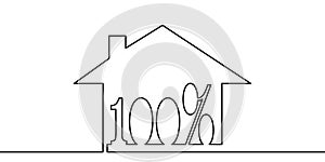 Continuous one line drawing 100% sign in house model, Minimalist contour vector illustration made of single thin line