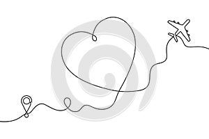 Continuous one line drawing of airplane path in heart form. One single line airplane route with start point and hearted way