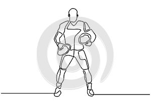 Continuous one line drawing of American soccer or football sport player. Portrait of a man with costume holding a ball vector