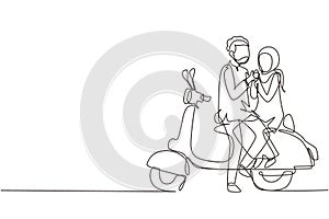 Continuous one line drawing Arabian riders couple trip travel relax. Romantic honeymoon moments sitting and talking on motorcycle