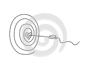 Continuous one line drawing of arrow on the target shapped love. Arrow archery business challenge metaphor line art drawing vector