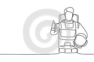 Continuous one line drawing astronauts with a thumbs-up gesture wearing spacesuits to explore outer space in search of the