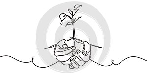 Continuous one line drawing of back to nature theme with hands holding a plant. Concept of growing and love earth