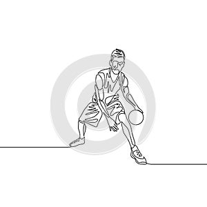 Continuous one line drawing basketball player dribbling passes the ball between his legs