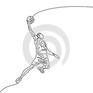Continuous one line drawing basketball player jumps doing slam dunk
